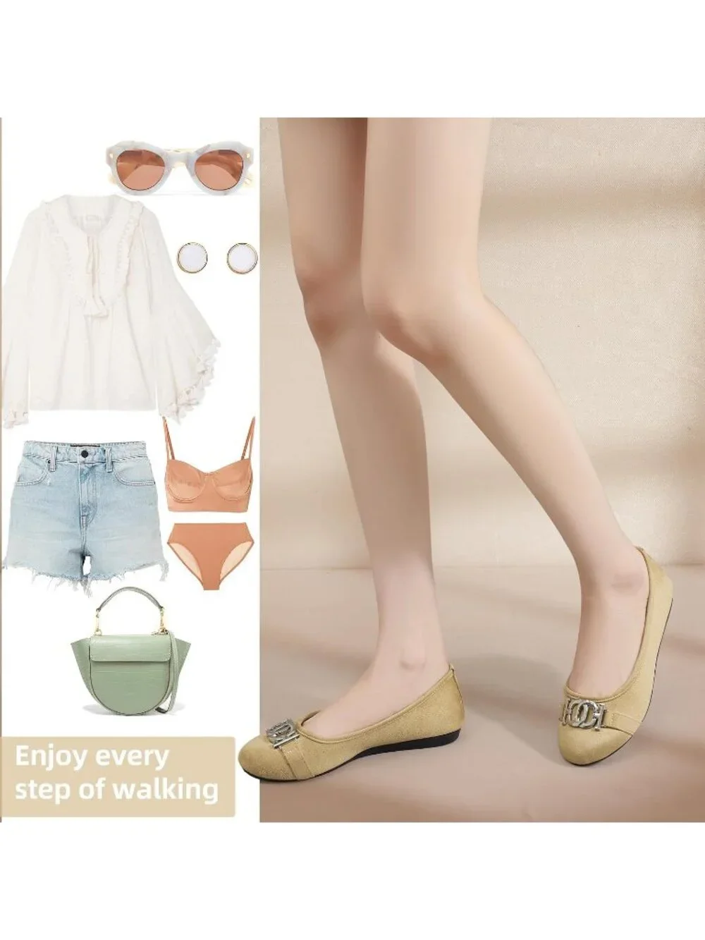 Women's Beige Micro Fiber Comfortable Round Toe Flat Slip on Casual Dressy Shoes